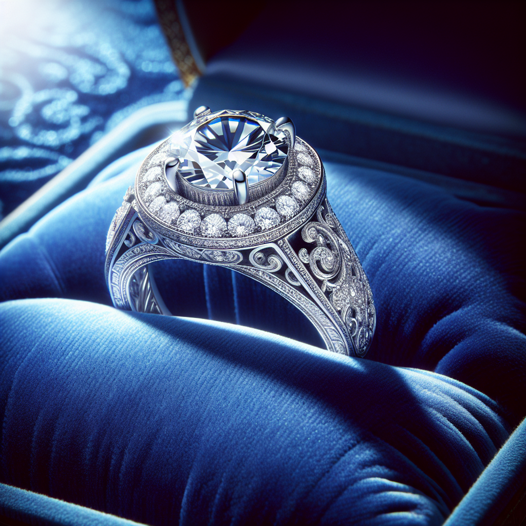 Intricately designed platinum diamond ring in a blue velvet box, showcasing its elegant central stone.