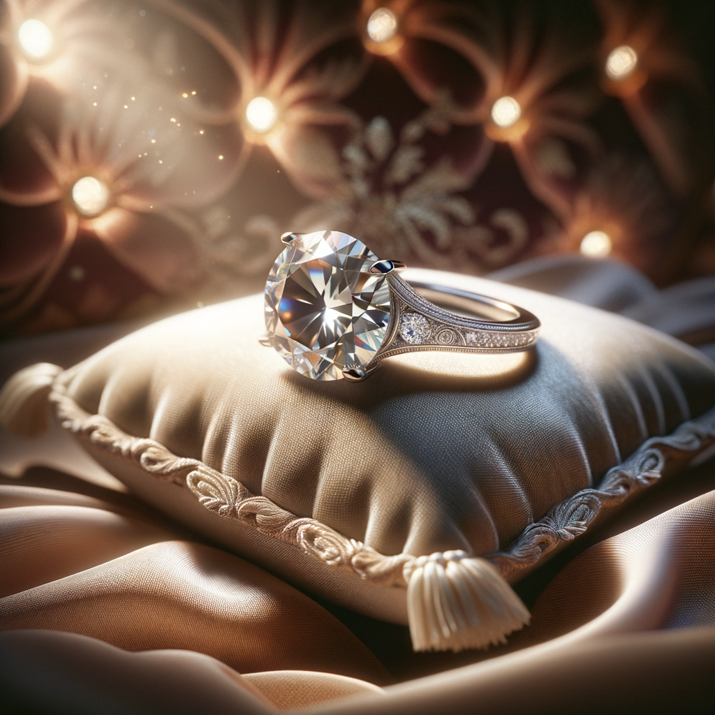 Close-up of a sparkling diamond engagement ring on a satin cushion, highlighting its elegance and craftsmanship.