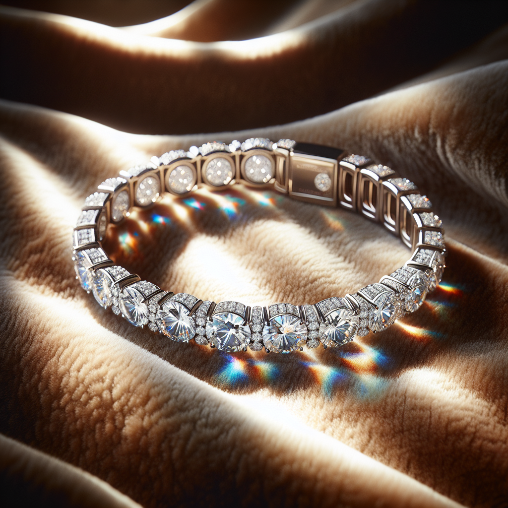 Elegant diamond tennis bracelet on luxurious satin fabric, showcasing its sparkle and sophisticated design.