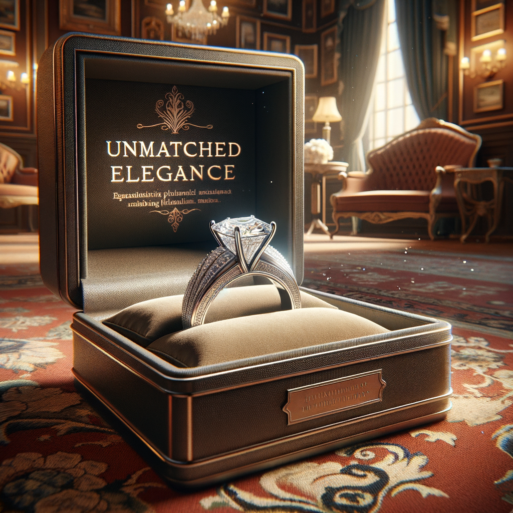 Luxury Dbeers diamond ring in a vintage jewelry box, set in an elegant room for a stunning presentation.