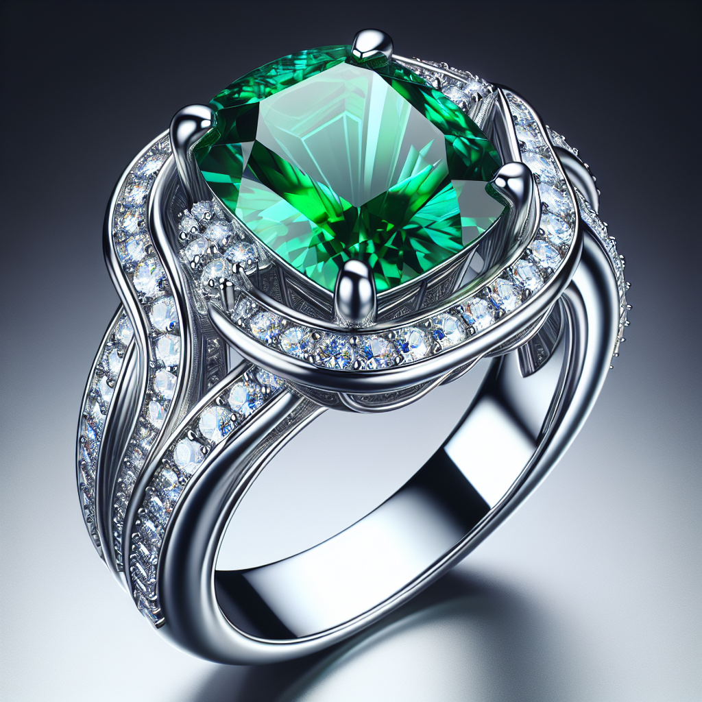 Elegant platinum ring with a large emerald center, encircled by sparkling diamonds.