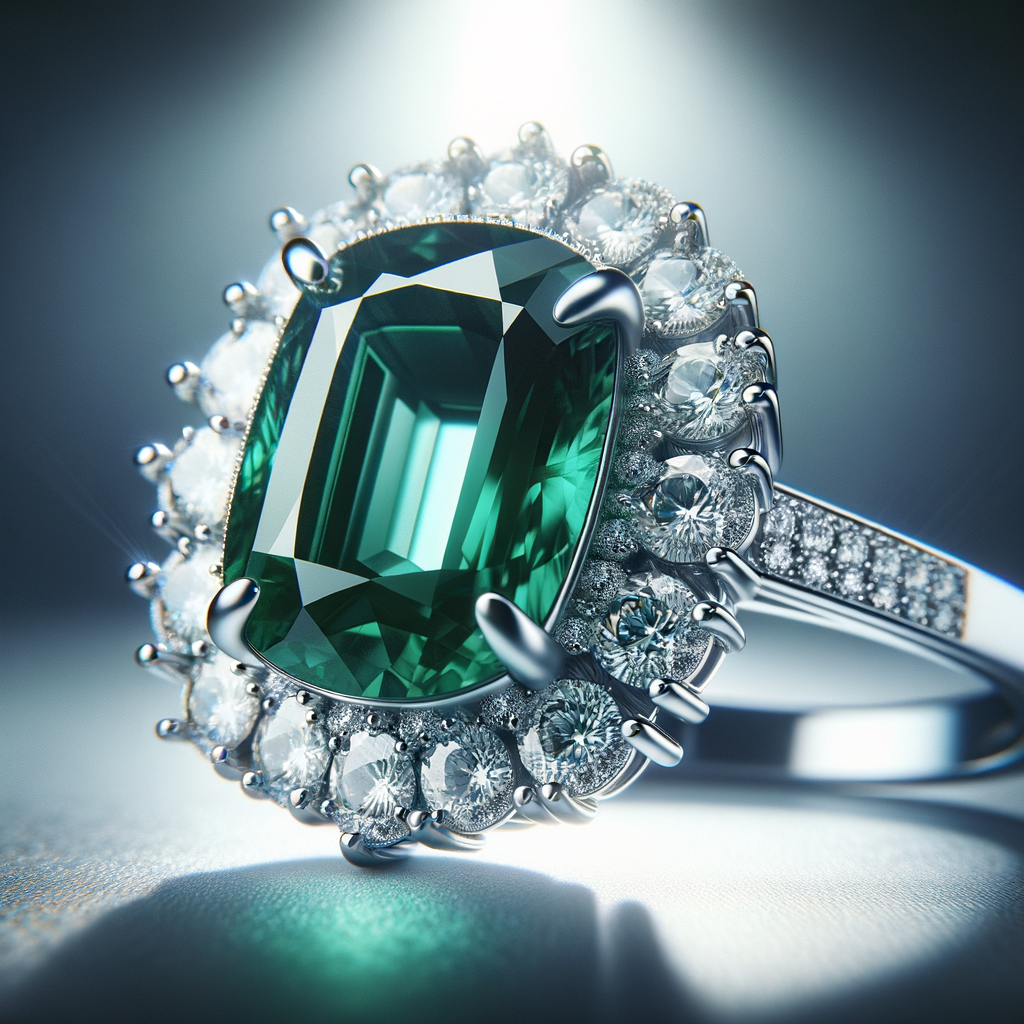 Close-up of a platinum ring showcasing a large green emerald encircled by sparkling diamonds.